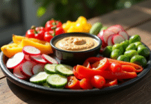 Plateau coloré de légumes tranchés avec hummus naturel