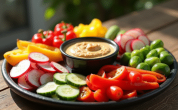 Aliments croquants et faibles en calories : recettes rafraîchissantes à découvrir ! Plateau coloré de légumes tranchés avec hummus naturel