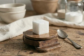 Morceau de sucre posé sur une balance vintage en bois avec une cuillère à café, équivalences de poids illustrées en cuisine rustique