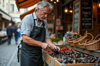 Poissonier en waterproof scoopant des moules fraîches au marché