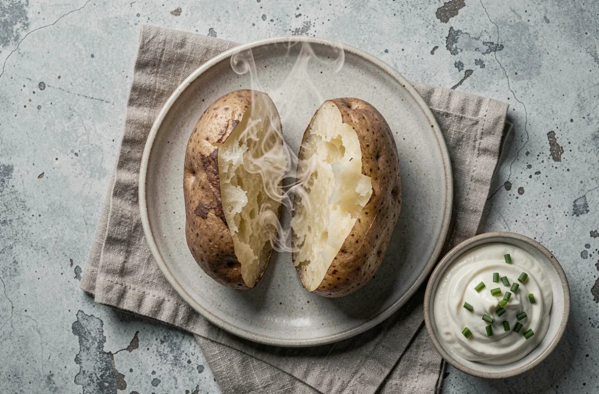 Pomme de terre cuite au four avec la peau, ouverte en deux sur une assiette avec de la crème fraîche et de la ciboulette