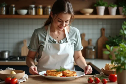 Femme préparant un poulet rôti aux tomates et mozzarella dans une cuisine chaleureuse