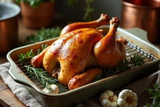 Poulet entier de 1,5 kg rôti à basse température sur une grille, peau dorée et croustillante avec herbes fraîches et ail
