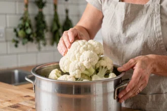 Femme préparant des bouquets de chou-fleur de taille uniforme avant la cuisson vapeur dans une cuisine moderne