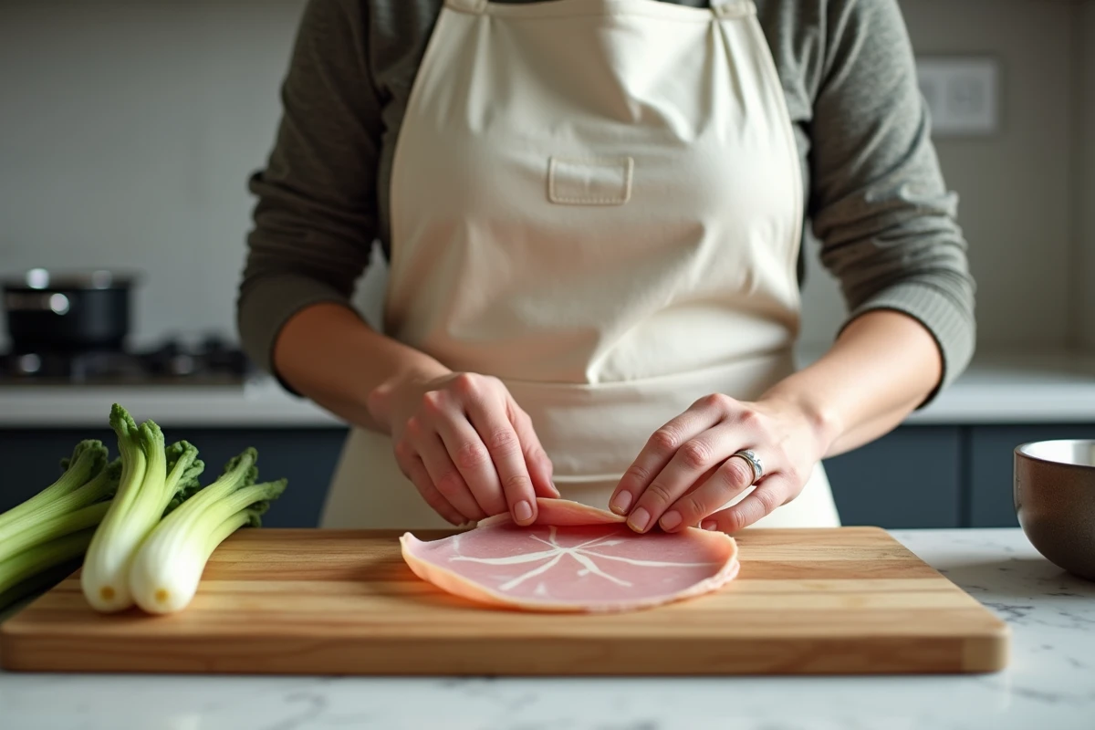 Femme en tablier roulant des endives cuites dans du jambon sur un plan de travail en marbre lors de la préparation du plat