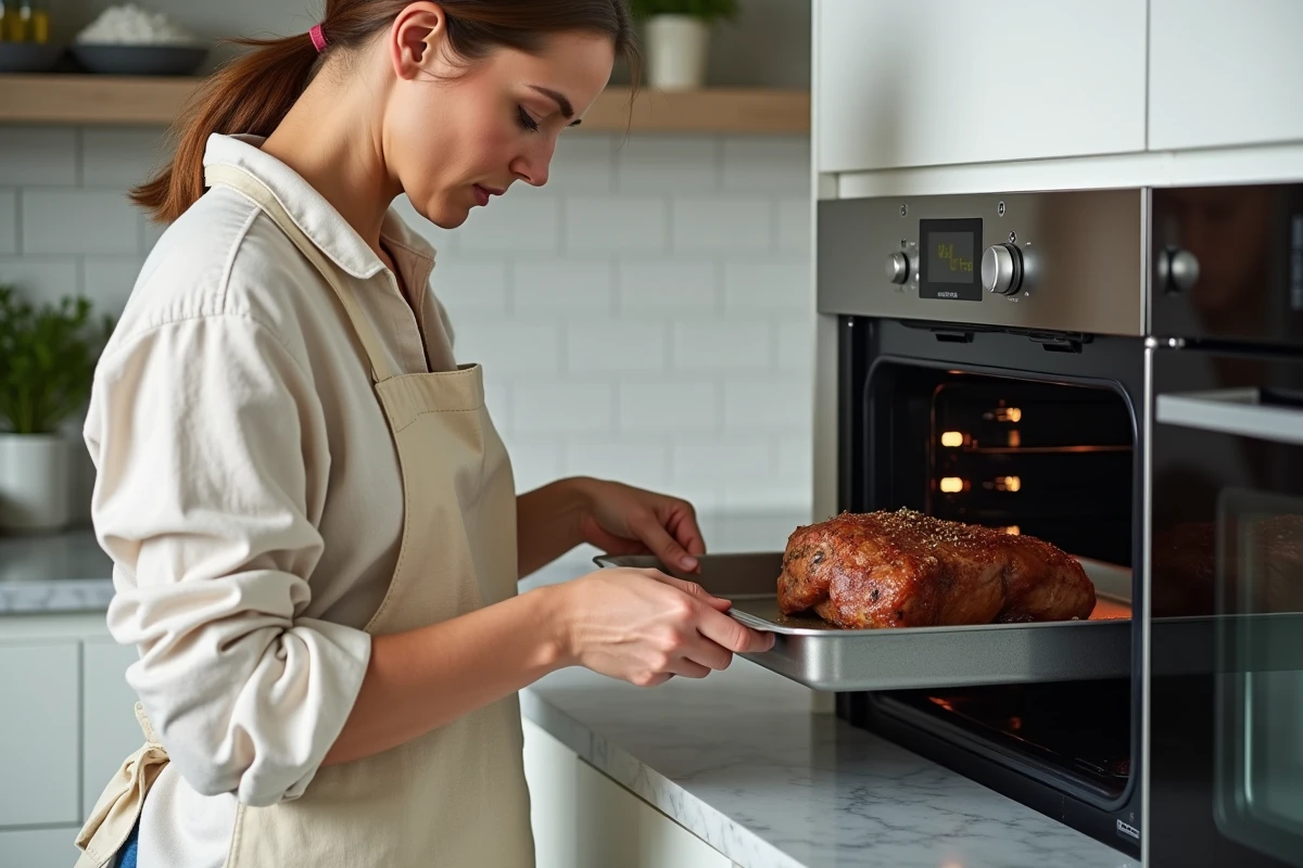 Cuisinière préparant une épaule d'agneau confite dans un four vapeur combiné dans une cuisine moderne