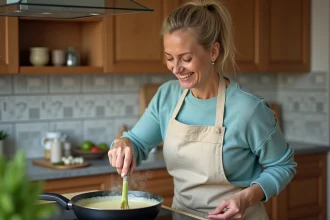 Mère préparant une fondue de poireaux crémeuse dans une cuisine familiale chaleureuse