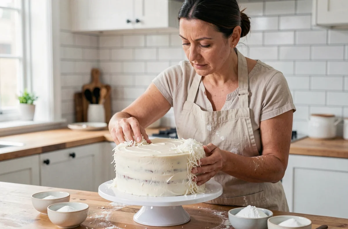 Femme en tablier de lin préparant un gâteau à la noix de coco dans une cuisine maison, pressant la noix de coco râpée sur les côtés du gâteau
