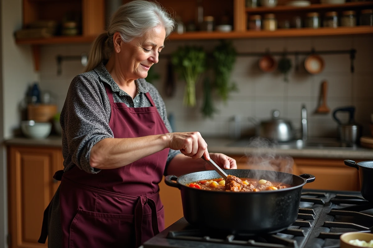 Femme cuisinant un goulash hongrois traditionnel dans une cuisine rustique avec cocotte en fonte sur gazinière