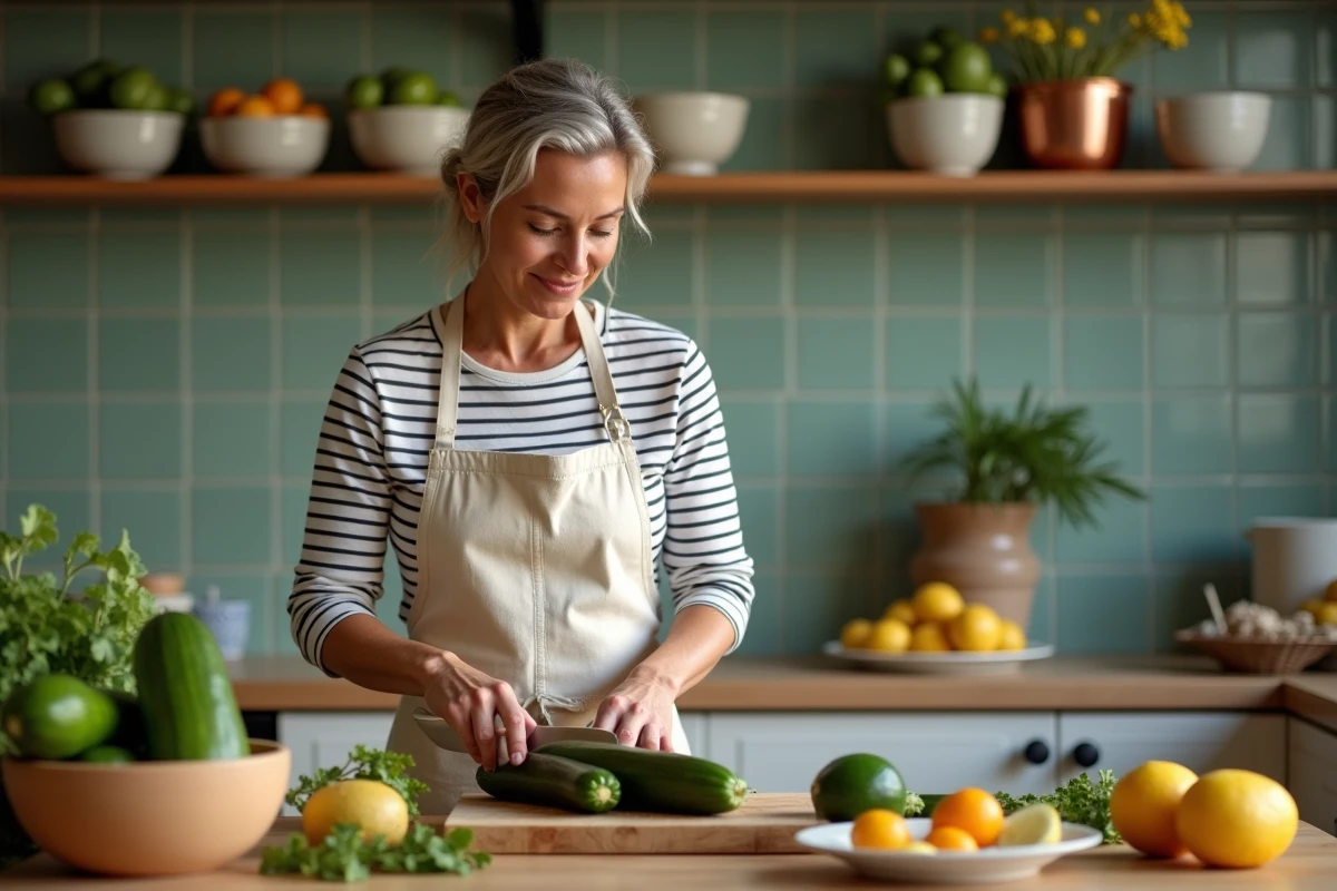 Femme préparant des courgettes et légumes en Z dans une cuisine maison pour un repas thématique