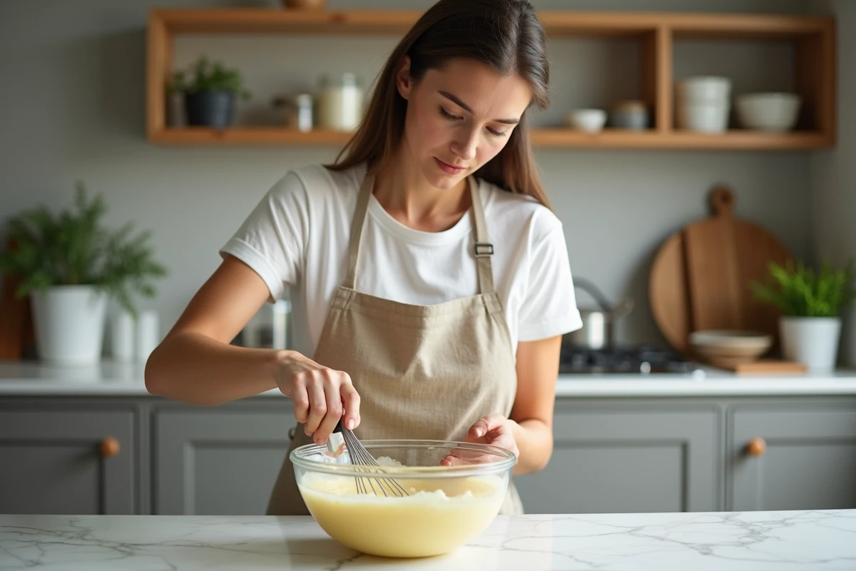 Femme préparant une mayonnaise maison en fouettant les ingrédients dans un bol en verre sur un plan de travail en marbre blanc