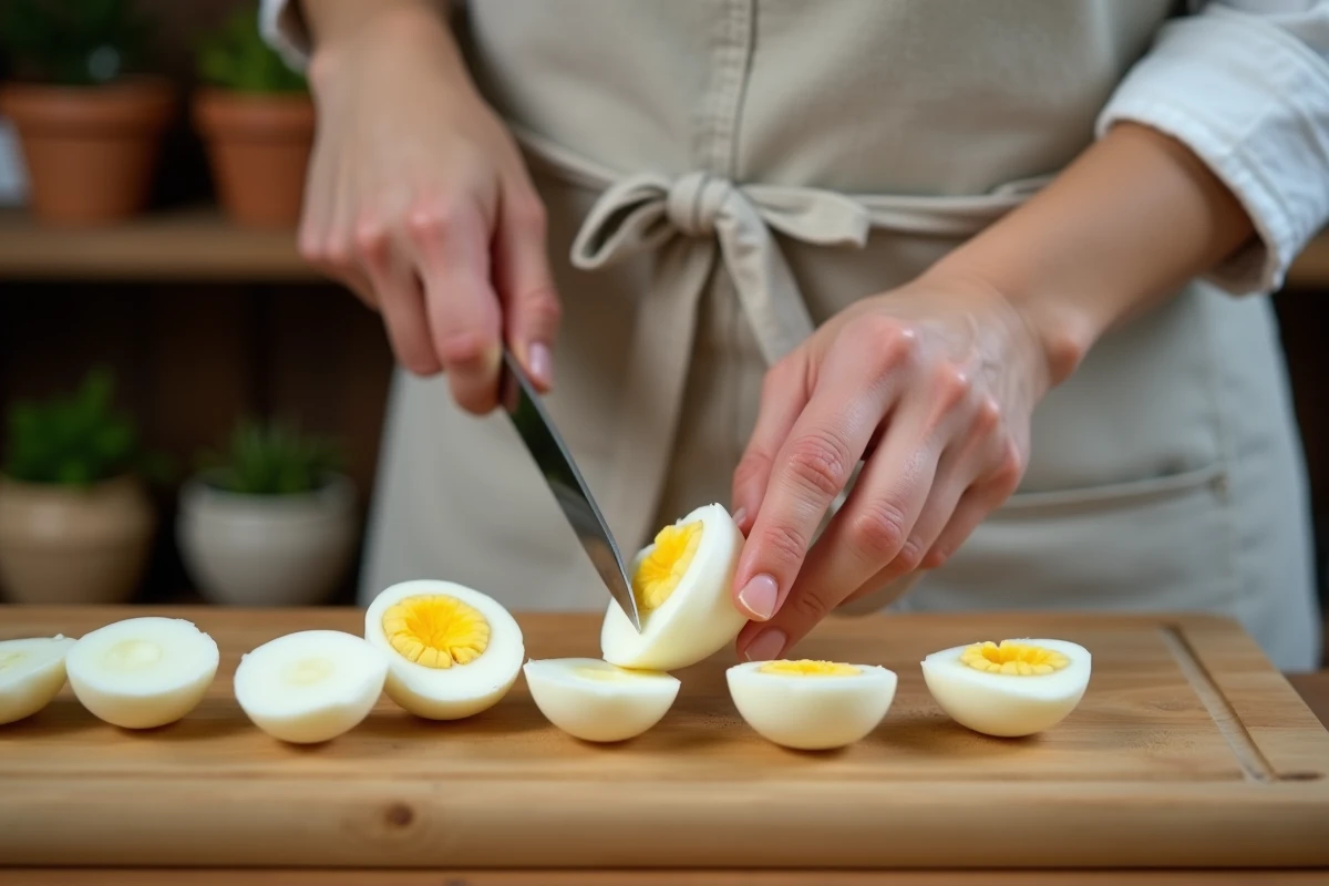 Femme coupant des oeufs durs en deux pour préparer des oeufs mimosa maison
