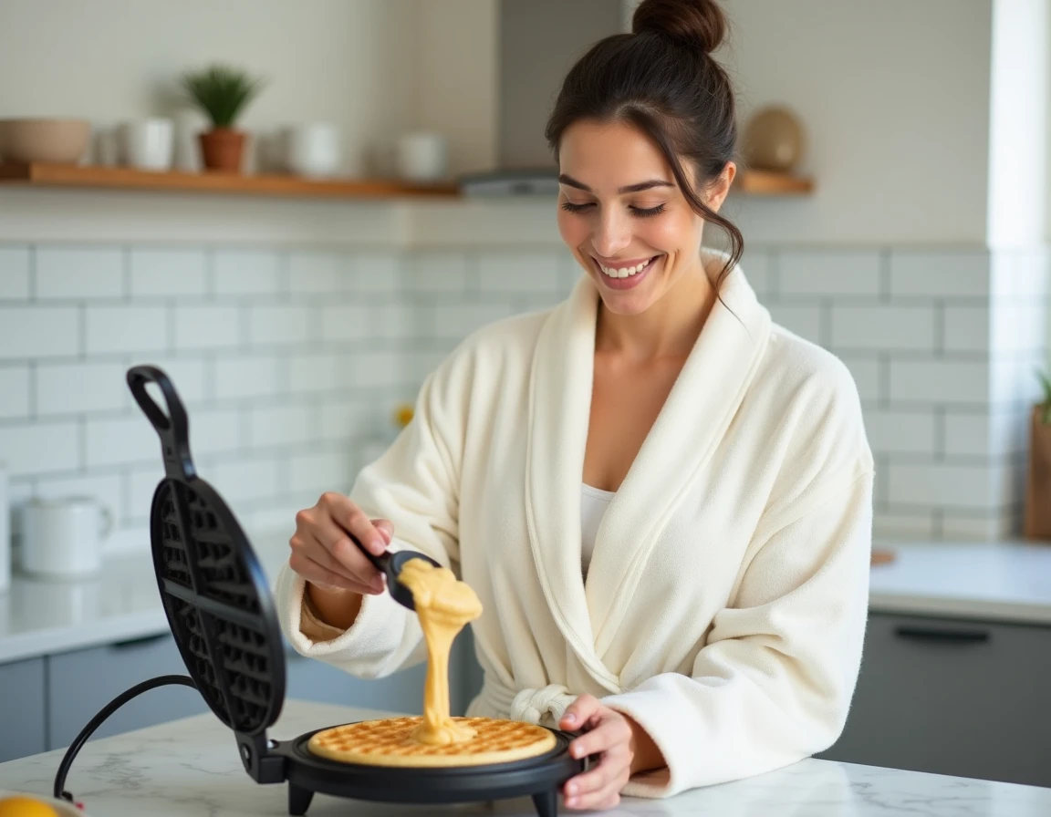 Femme en robe de chambre versant de la pâte à gaufres dans un gaufrier dans une cuisine moderne le matin du dimanche