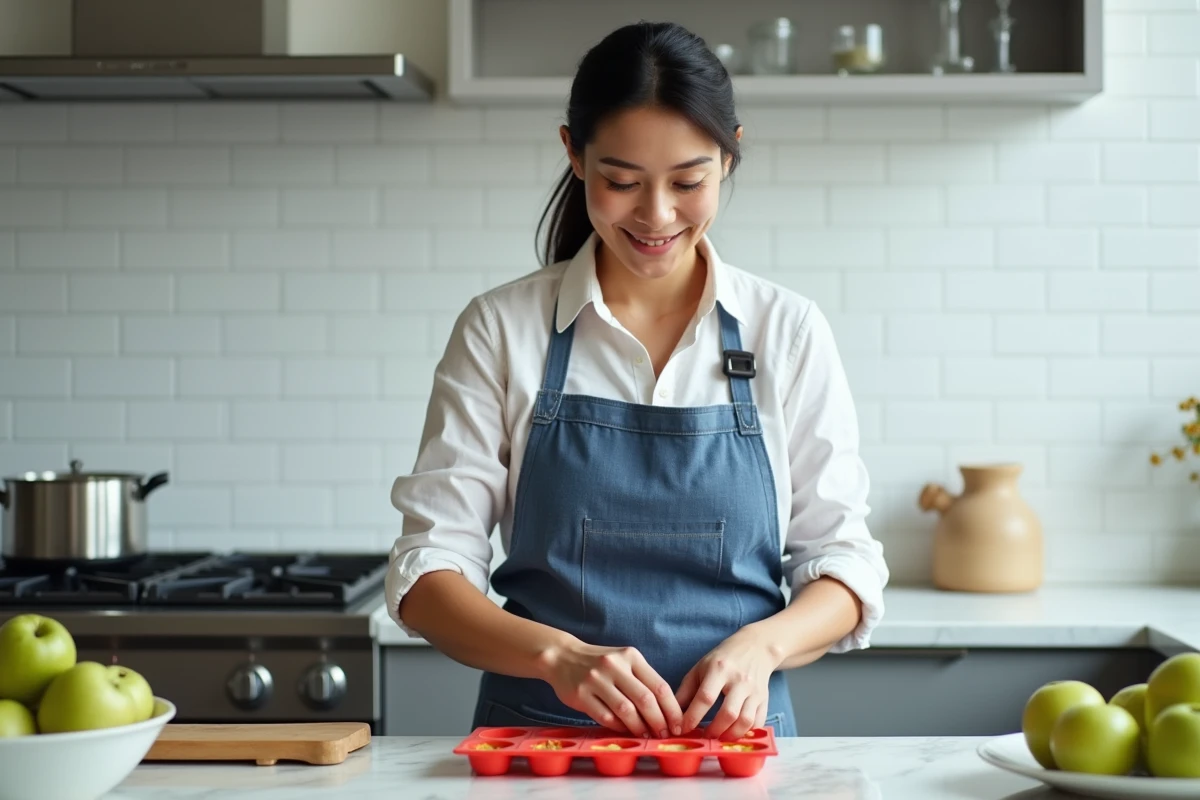 Femme préparant des pâtes de fruit pomme maison dans une cuisine moderne en pressant la pâte dans des moules en silicone