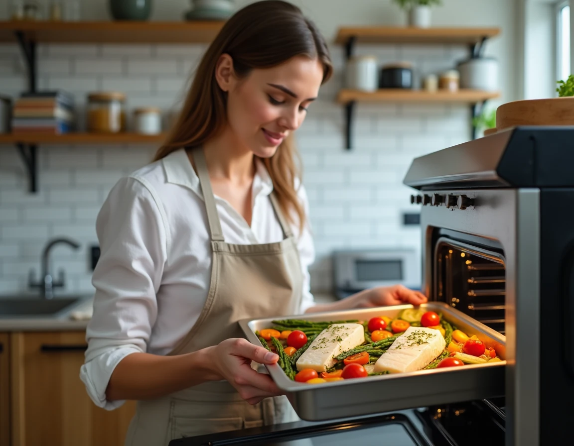 Femme préparant du poisson blanc avec des légumes rôtis au four dans une cuisine moderne