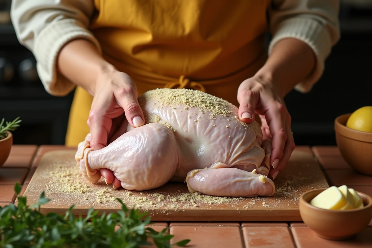 Préparation d'un poulet de 1,5 kg pour cuisson lente au four, mains enduisant la volaille de beurre aux herbes sur planche en bois