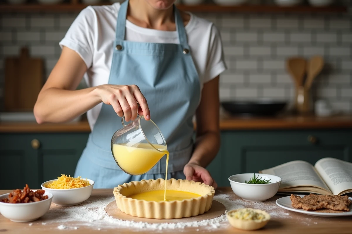 Femme versant une préparation allégée dans un fond de tarte pour réaliser une quiche lorraine légère maison dans une cuisine