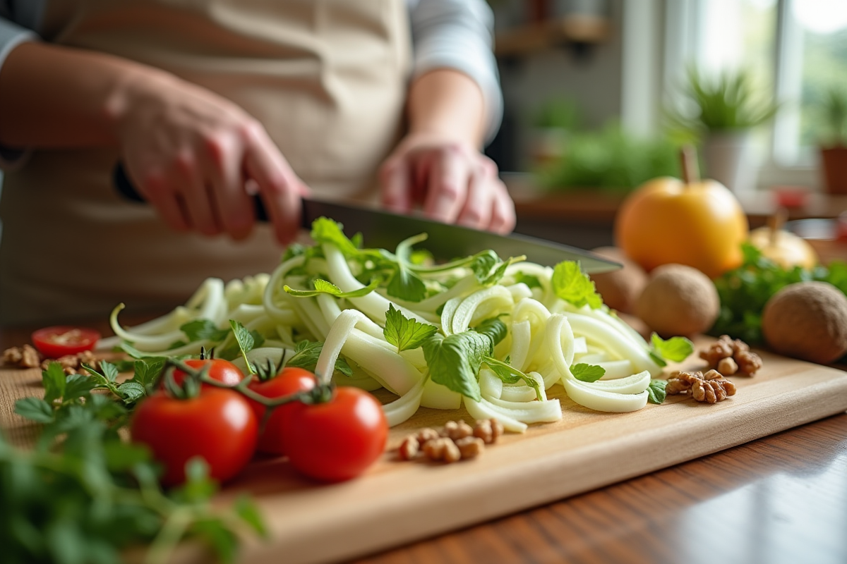 Mains préparant une salade d