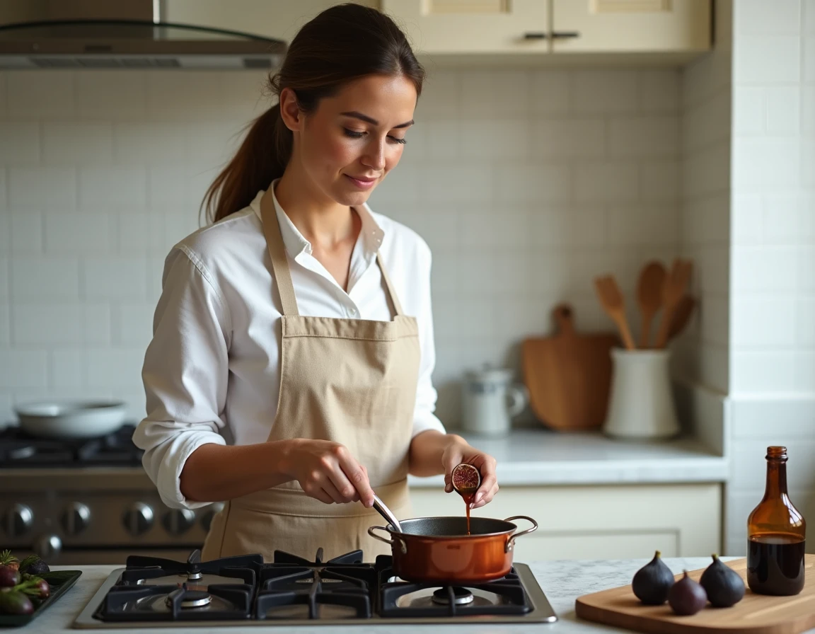 Cuisinière préparant une sauce à la figue fraîche dans une casserole en cuivre pour accompagner un magret de canard