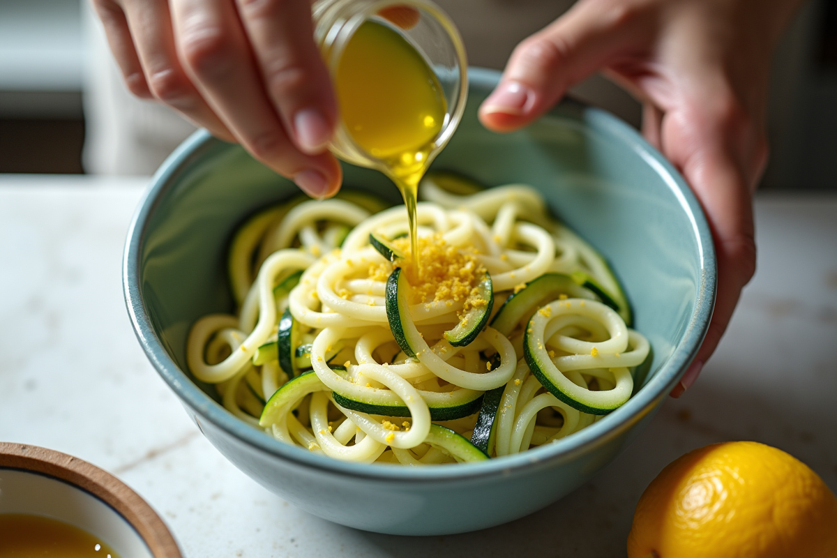 Main préparant des tagliatelles de courgette avec huile d