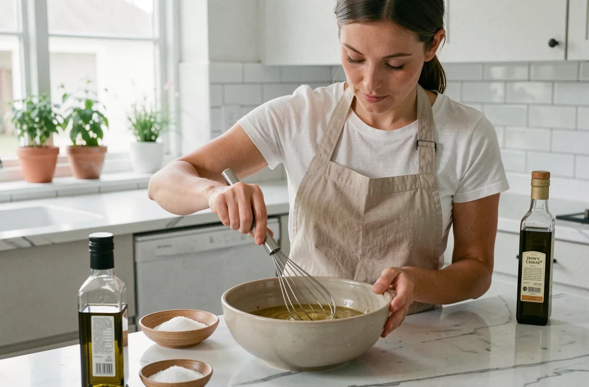 Femme en tablier préparant une vinaigrette maison dans un bol en céramique sur un plan de travail en marbre