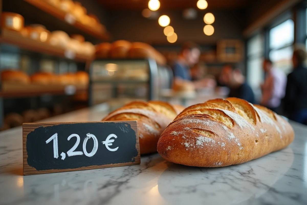 Étiquette de prix et baguette fraîche posées sur un comptoir de boulangerie artisanale