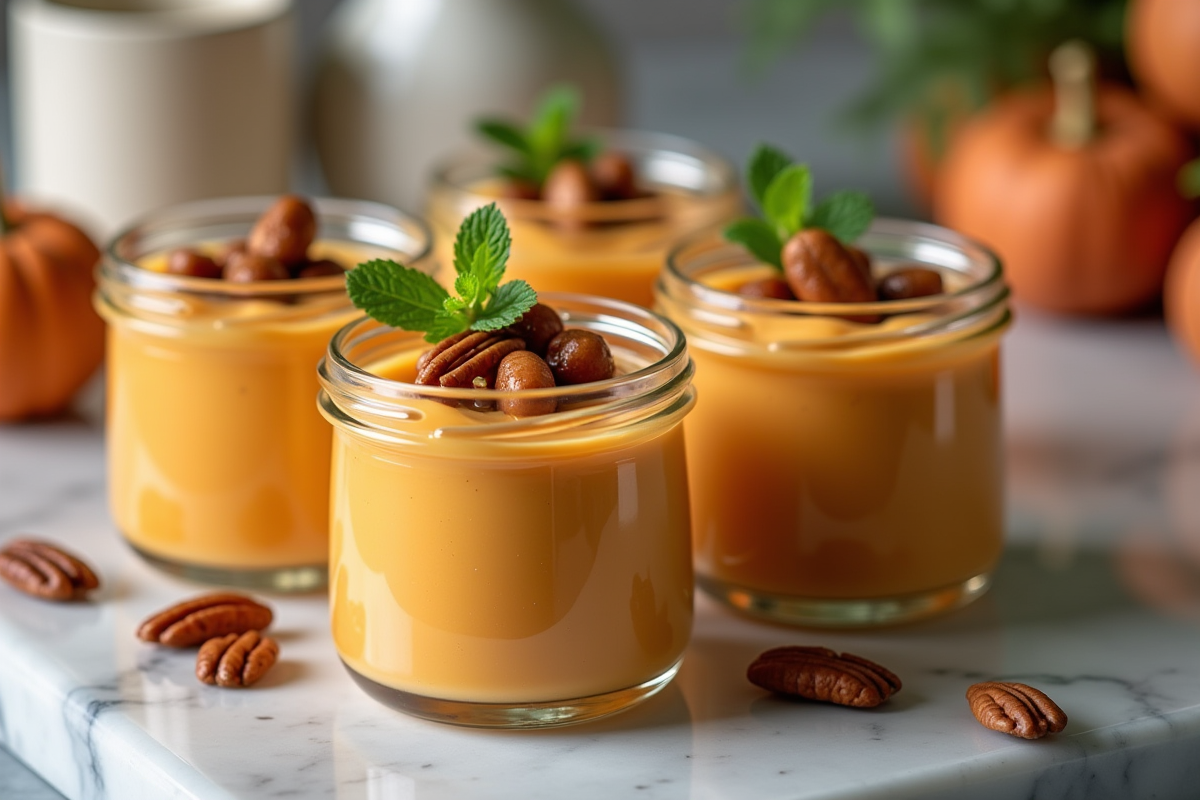 Pudding de yam dans une coupe avec noix de pecan caramélisées et menthe