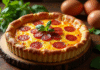 Quiche au chorizo dorée sur une table en bois avec ingrédients