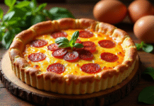 Quiche au chorizo dorée sur une table en bois avec ingrédients