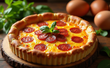 L’histoire méconnue de la quiche au chorizo Quiche au chorizo dorée sur une table en bois avec ingrédients