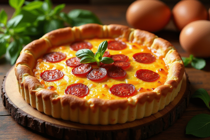 Quiche au chorizo dorée sur une table en bois avec ingrédients