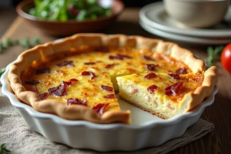 Quiche lorraine légère entière dans un plat en céramique blanche sur une table en chêne rustique avec une tranche soulevée révélant la garniture