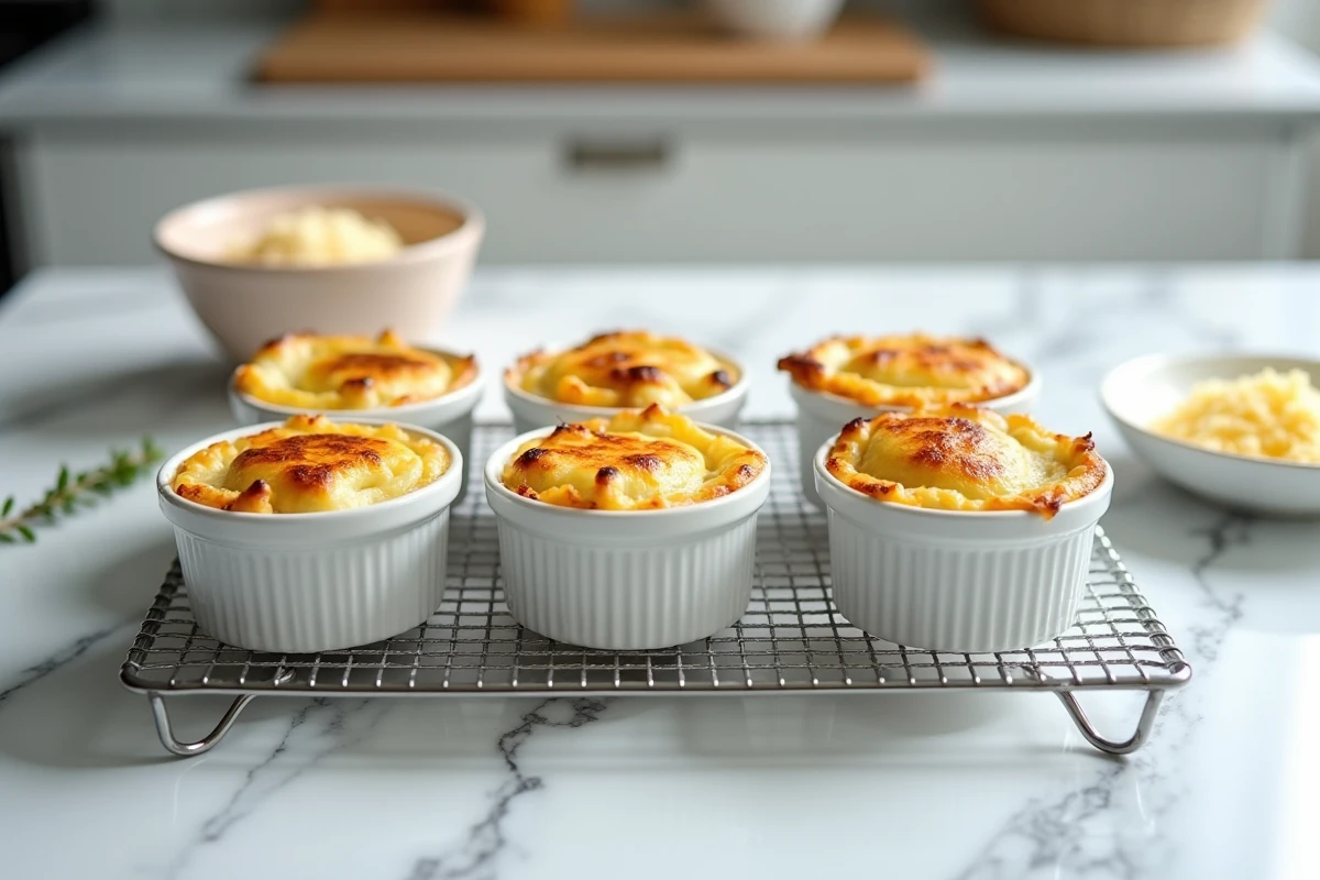 Ramequins individuels de gratin chou-fleur et pomme de terre dorés sur une grille de refroidissement en marbre