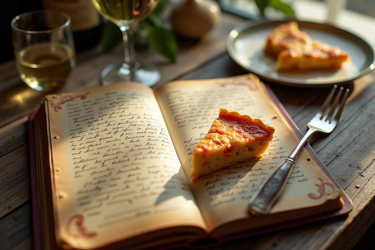 Livre de recettes ancien avec une part de quiche au chorizo et vin blanc