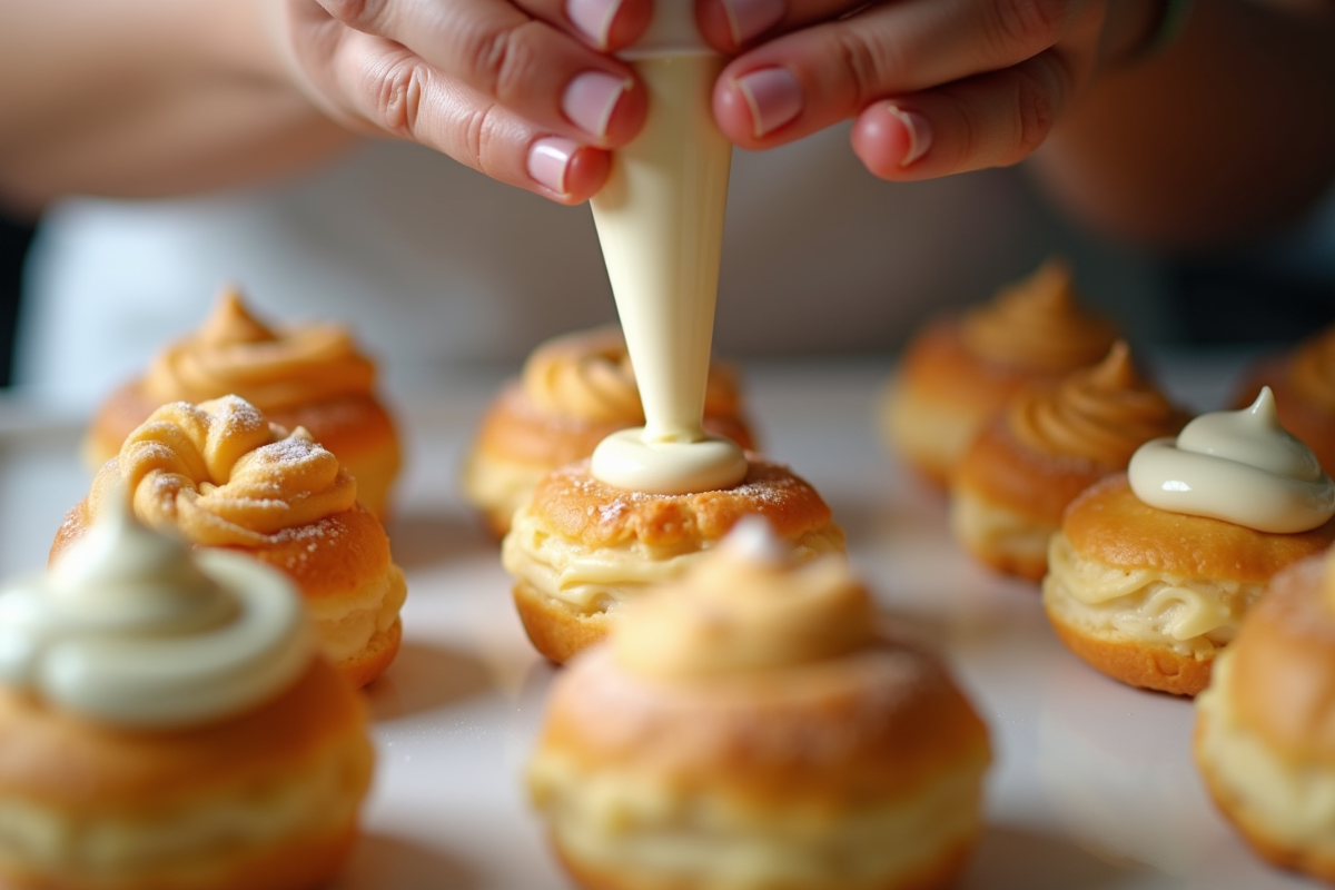 Main remplissant choux crème vanille avec une poche à douille