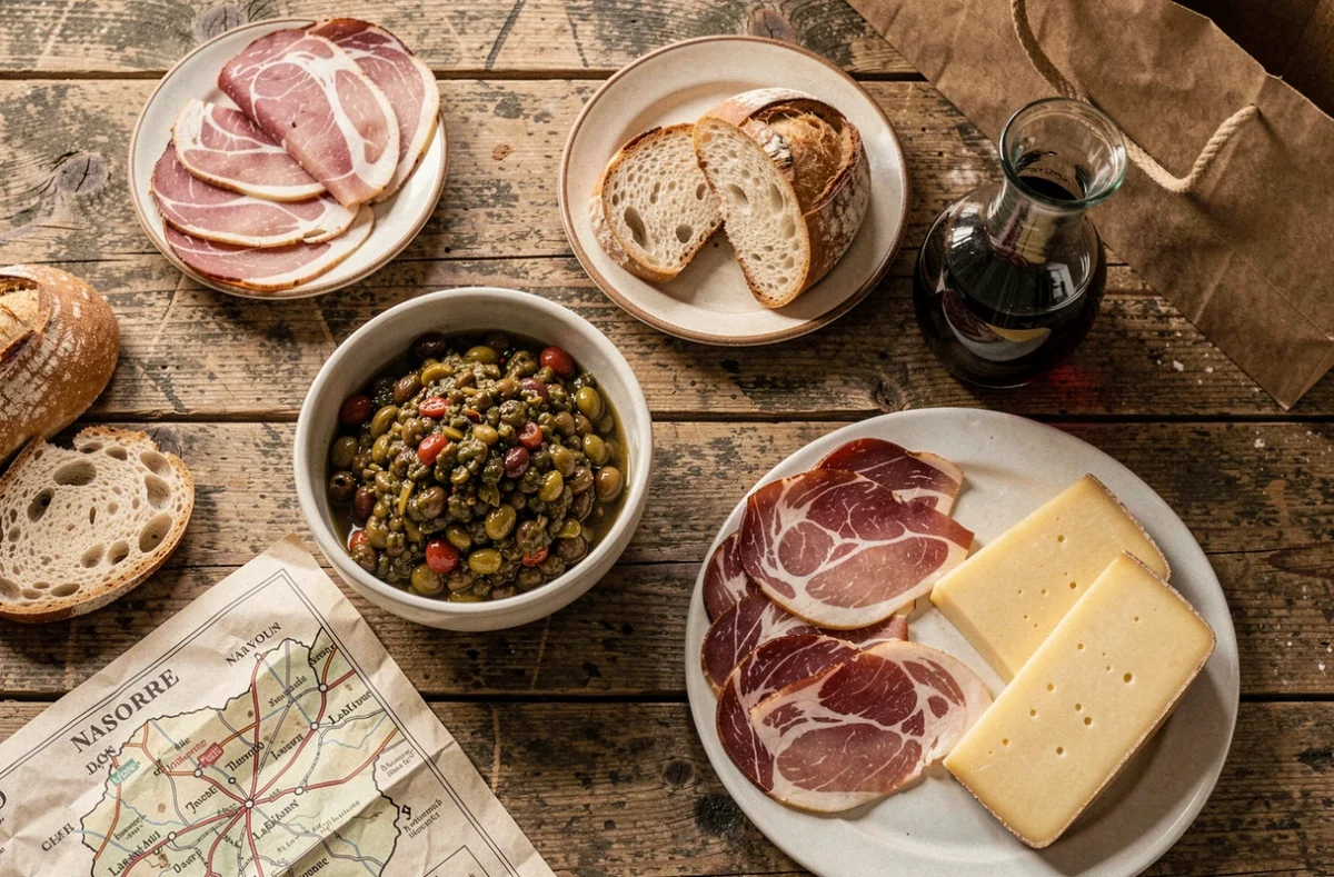 Plateau repas basque typique avec piperade, jambon de Bayonne et fromage de brebis sur table en bois près de Dancharia