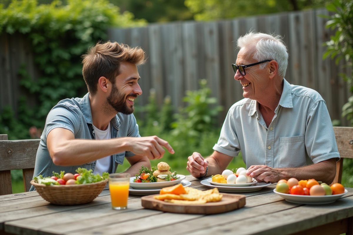 Jeune homme et son père partageant un repas en plein air