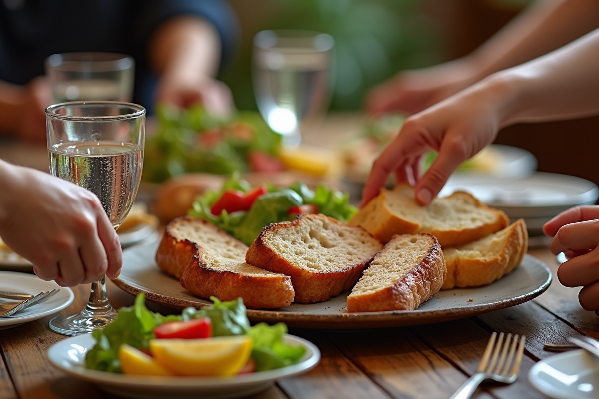 Repas familial avec cordon bleu et salade sur une table en bois
