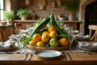 Table dressée sur le thème fruits et légumes en Z avec courgettes, citrons et tomates zébrées sur une table en bois rustique