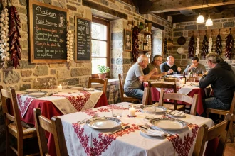 Intérieur rustique d'un restaurant basque traditionnel près de Dancharia avec tables en bois et décoration typique