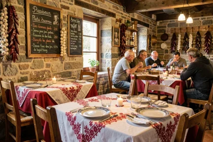 Intérieur rustique d'un restaurant basque traditionnel près de Dancharia avec tables en bois et décoration typique