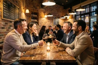 Groupe d'amis attablés dans un restaurant convivial au bord du lac de Bordeaux le soir, portant un toast avec des verres de vin rouge