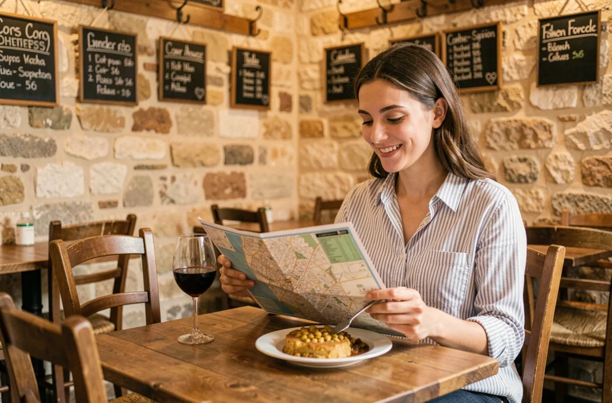 Intérieur chaleureux d'un restaurant de quartier à Toulouse dans le quartier Saint-Cyprien, avec une voyageuse seule consultant une carte de la ville devant un cassoulet traditionnel