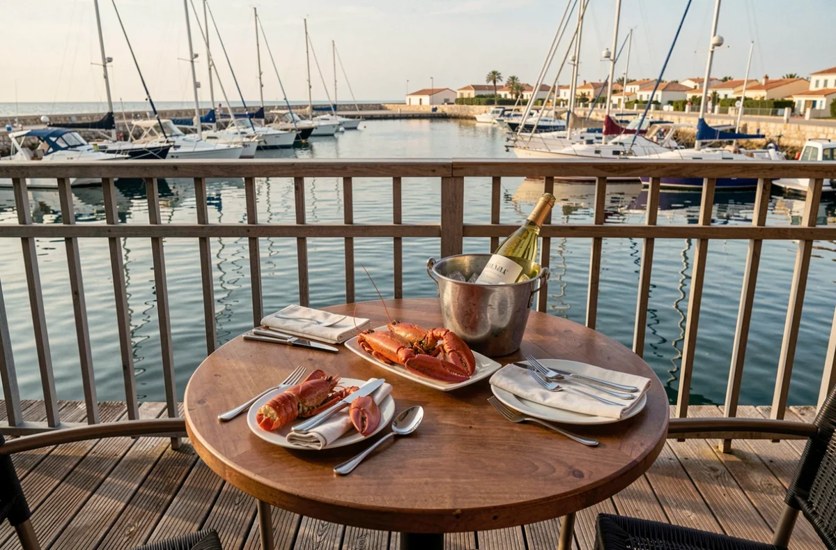 Table dressée sur la terrasse du restaurant Le Spinaker avec vue sur le port de plaisance du Grau-du-Roi