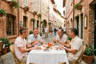 Terrasse animée d'un restaurant sympa à Toulouse avec un groupe d'amis partageant un repas autour d'une table en bois, façades en briques roses typiques de la ville en arrière-plan