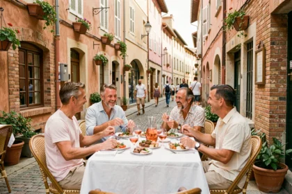 Terrasse animée d'un restaurant sympa à Toulouse avec un groupe d'amis partageant un repas autour d'une table en bois, façades en briques roses typiques de la ville en arrière-plan