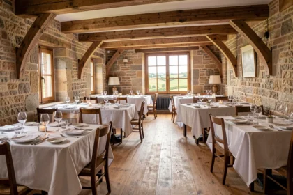 Vue panoramique d'une salle de restaurant gastronomique normand avec poutres en chêne, nappes blanches et vue sur la campagne