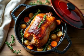 Rôti de porc fondant en cocotte en fonte avec légumes et herbes aromatiques, vue de dessus