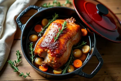 Rôti de porc fondant en cocotte en fonte avec légumes et herbes aromatiques, vue de dessus