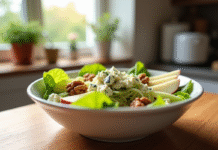 Salade d'endives garnie de noix et pommes dans un bol blanc